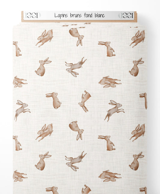 Tissu - Lapins bruns sur fond blanc