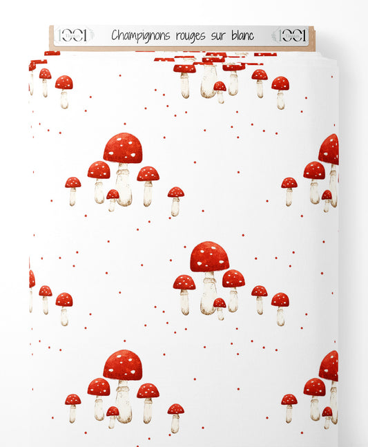 Tissu - Champignons rouges sur blanc