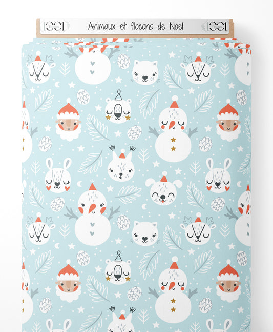 Tissu - Animaux et flocons de Noël
