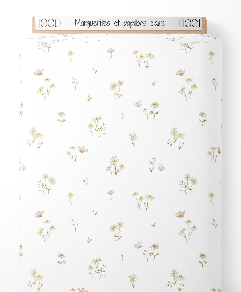 Tissu - Marguerites et papillons clairs