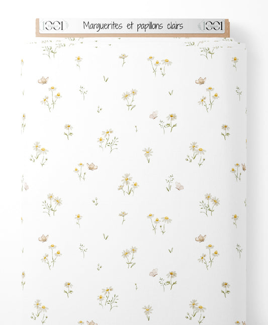 Tissu - Marguerites et papillons clairs