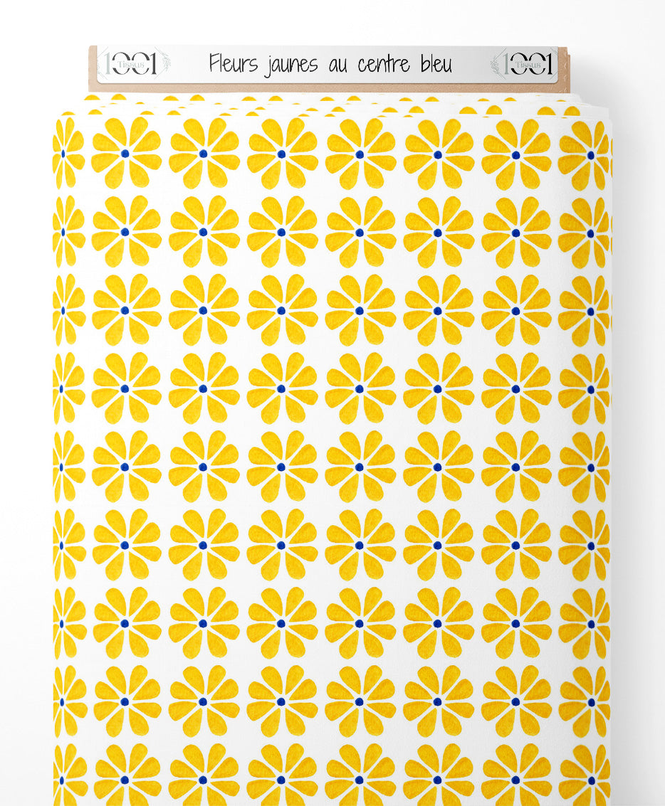 Tissu - Fleurs jaunes au centre bleu