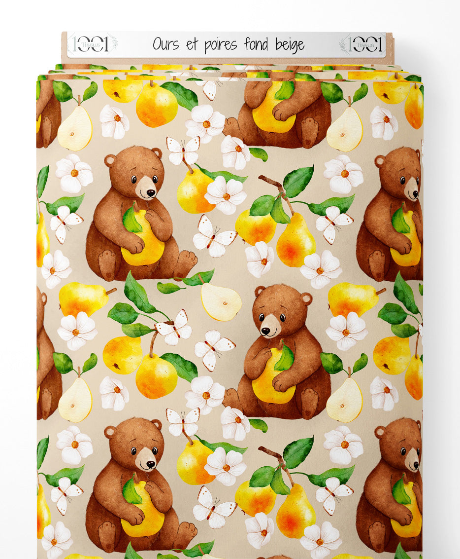 Tissu - Ours et poires sur fond beige