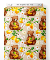 Tissu - Ours et poires sur fond beige