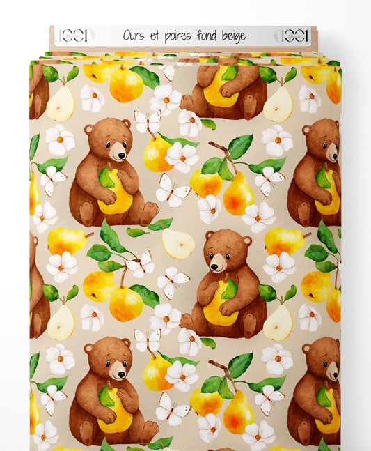 Tissu - Ours et poires sur fond beige