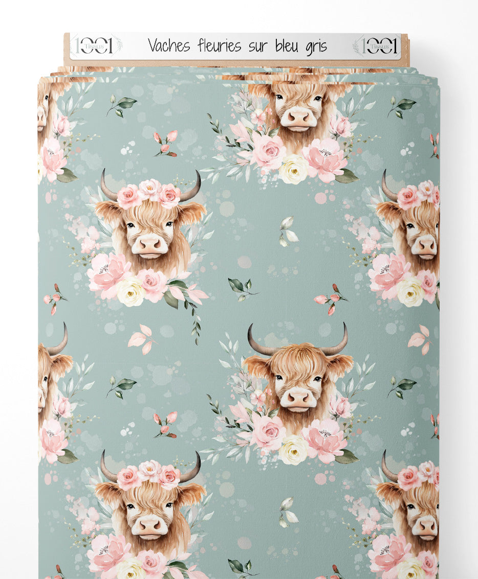 Tissu - Vaches fleuries sur bleu-gris