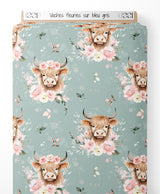 Tissu - Vaches fleuries sur bleu-gris