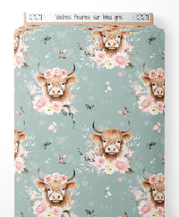 Tissu - Vaches fleuries sur bleu-gris