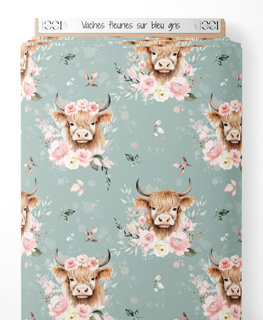 Tissu - Vaches fleuries sur bleu-gris