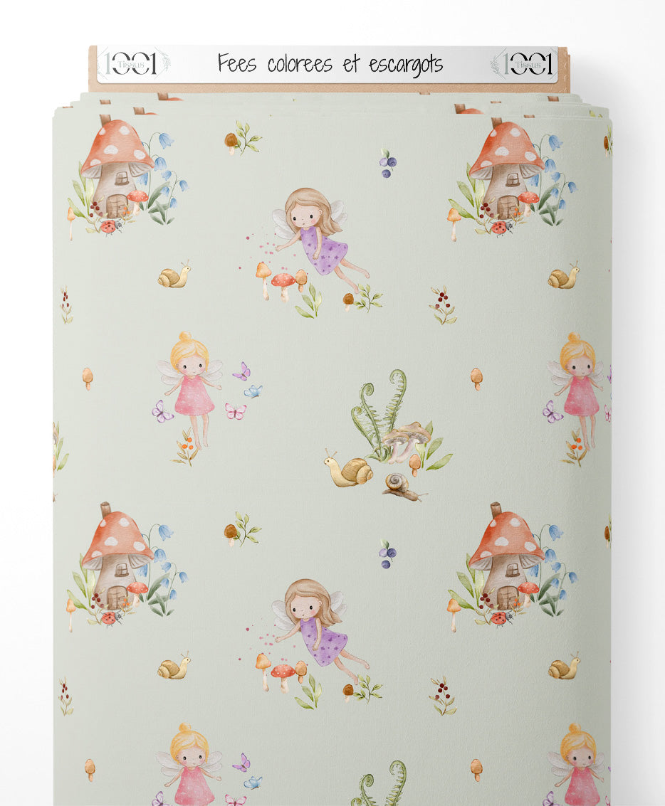 Tissu - Fées colorées et escargots