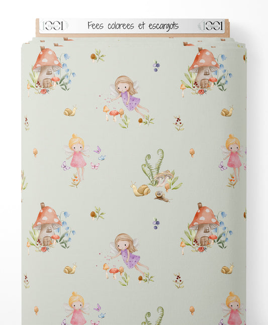 Tissu - Fées colorées et escargots