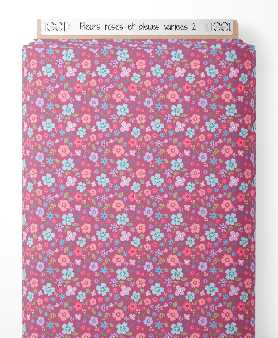 Tissu - Fleurs roses et bleues variées 2