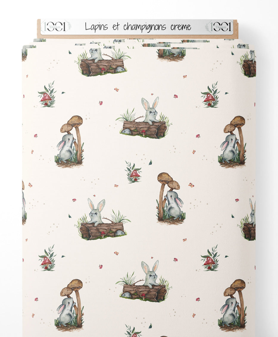 Tissu - Lapins et champignons crème