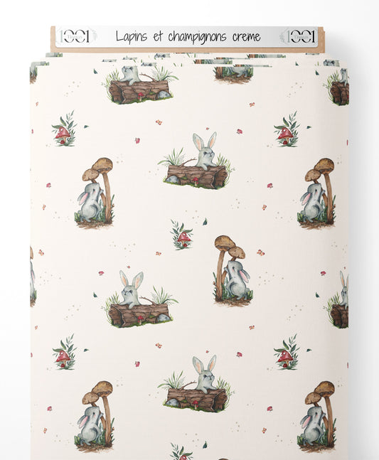 Tissu - Lapins et champignons crème
