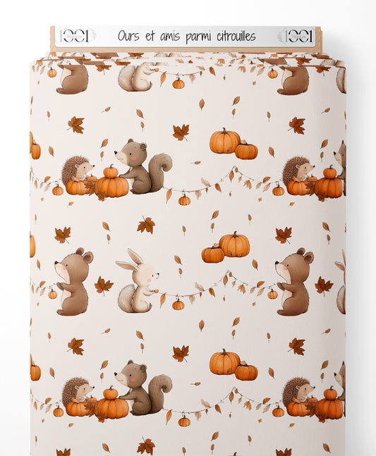 Tissu - Ours et amis parmi citrouilles