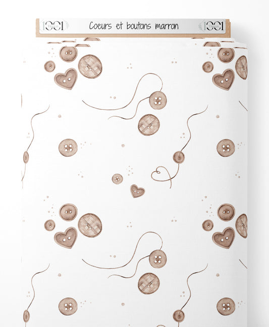 Tissu - Cœurs et boutons marron