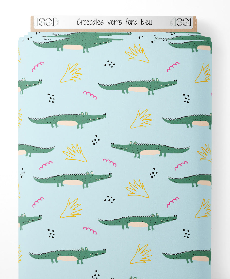 Tissu - Crocodiles verts sur fond bleu