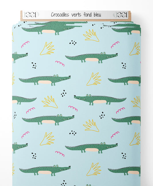 Tissu - Crocodiles verts sur fond bleu