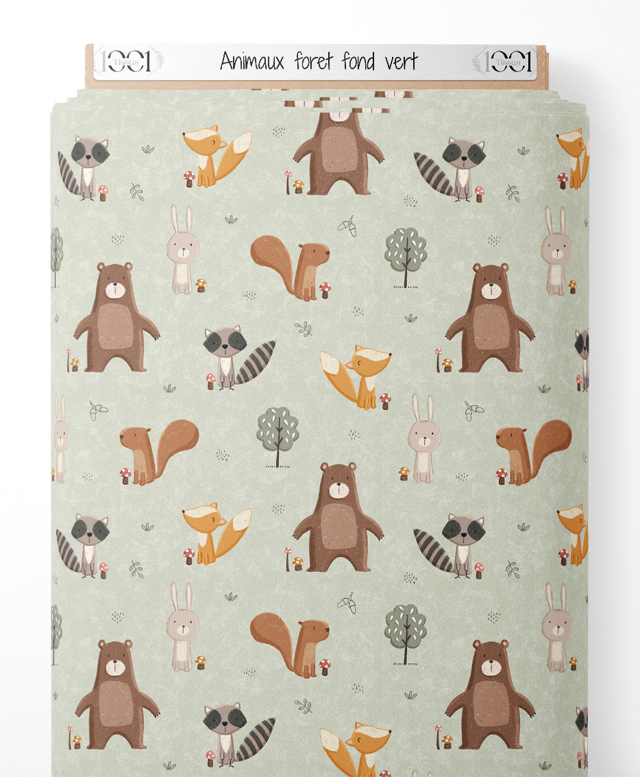 Tissu - Animaux forêt fond vert