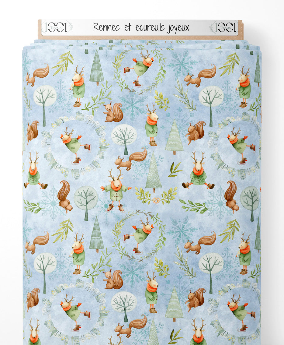 Tissu - Rennes et écureuils joyeux
