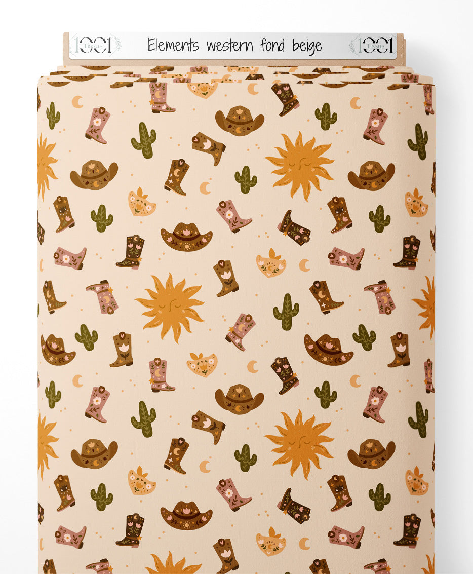 Tissu - Éléments western sur fond beige