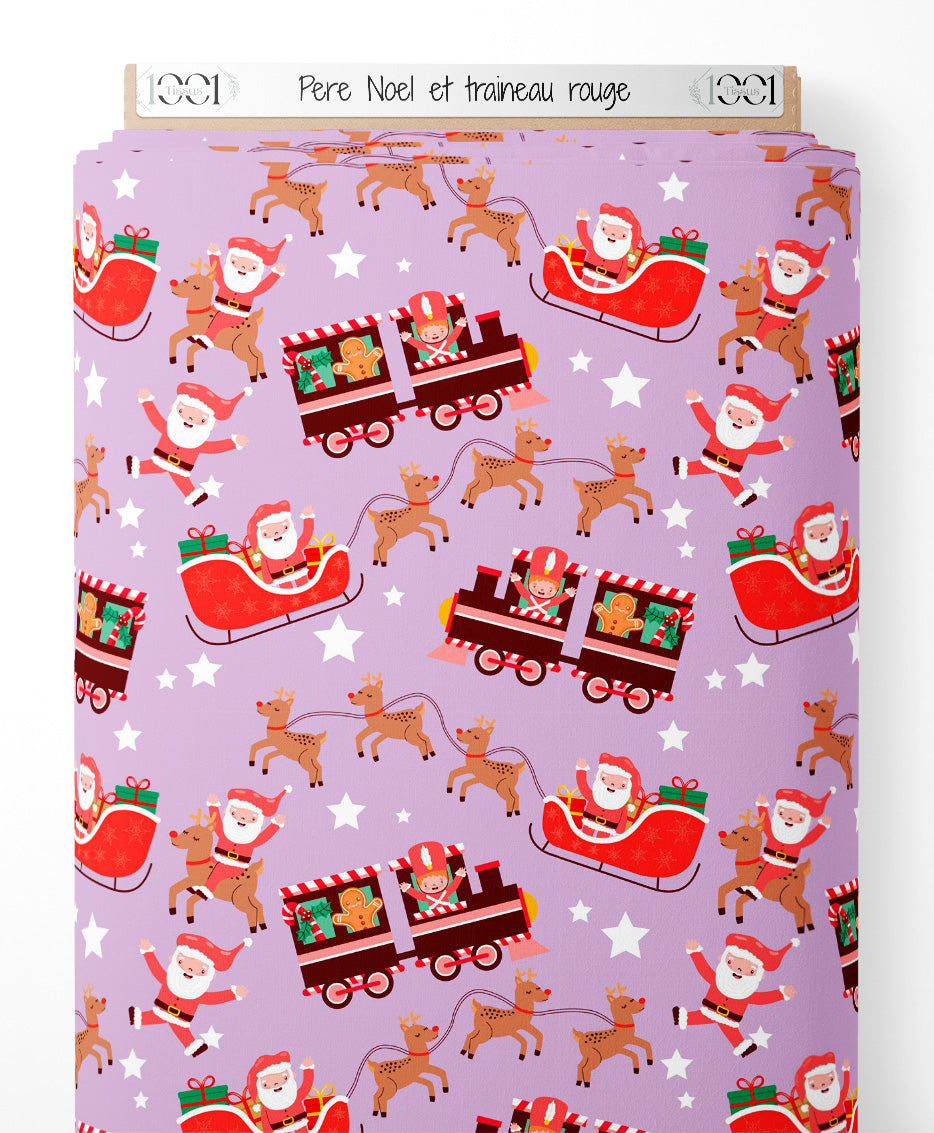 Tissu - Père Noël et traîneau rouge
