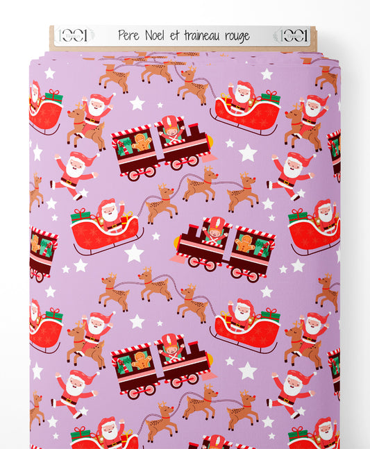 Tissu - Père Noël et traîneau rouge