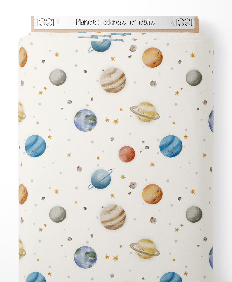 Tissu - Planètes colorées et étoiles