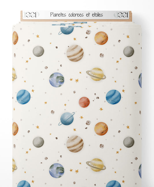 Tissu - Planètes colorées et étoiles
