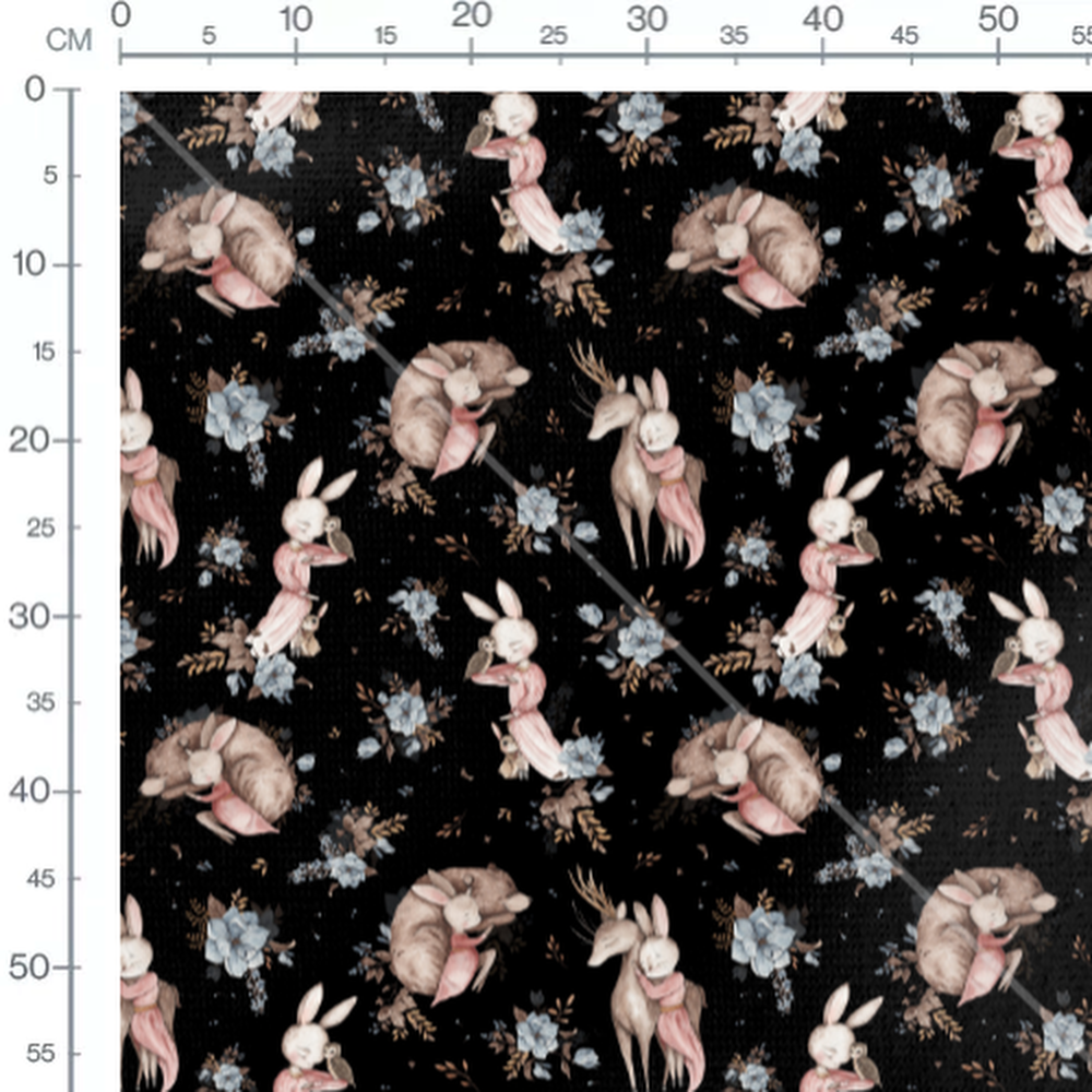 Tissu - Animaux et fleurs sur fond noir