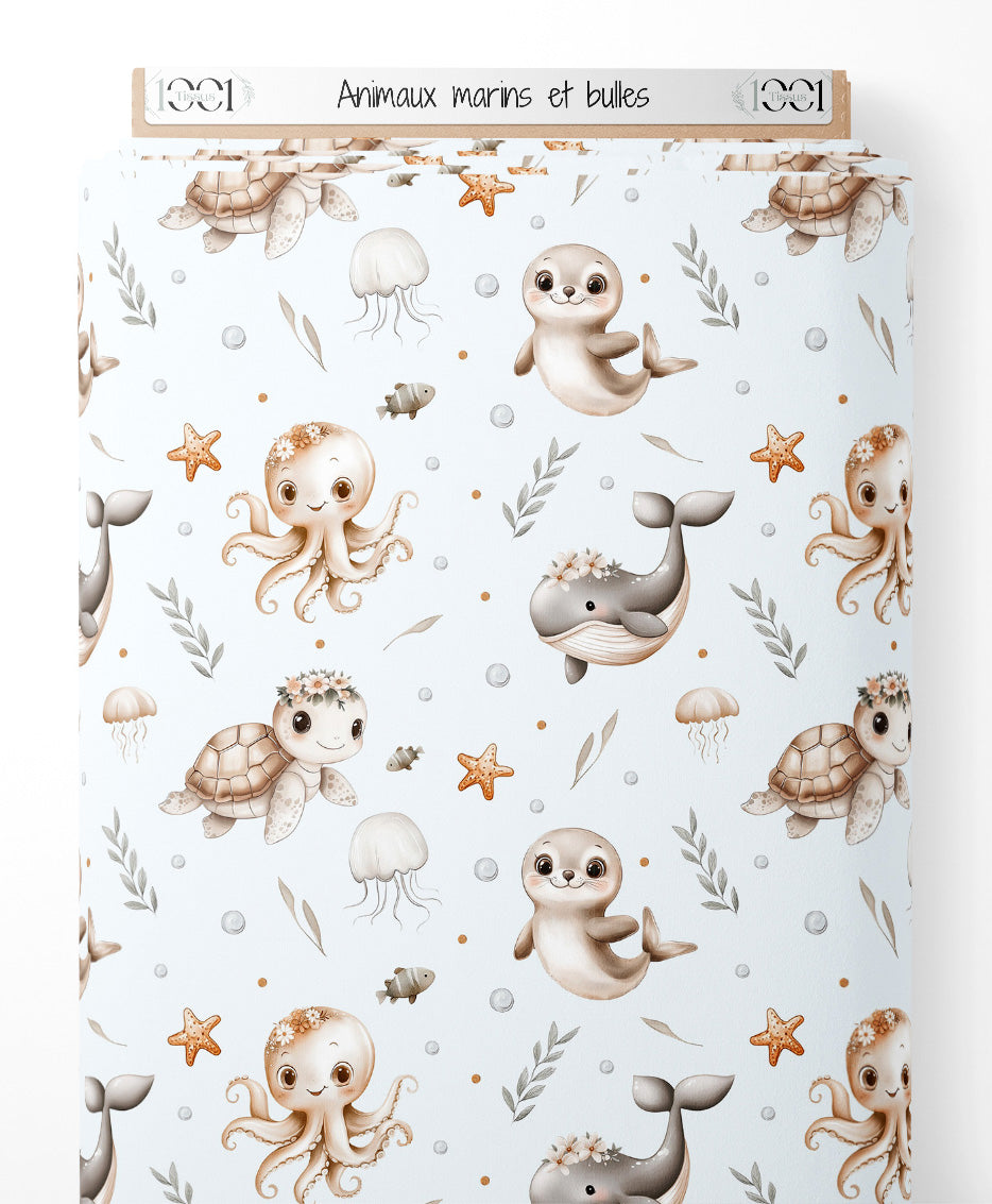 Tissu - Animaux marins et bulles