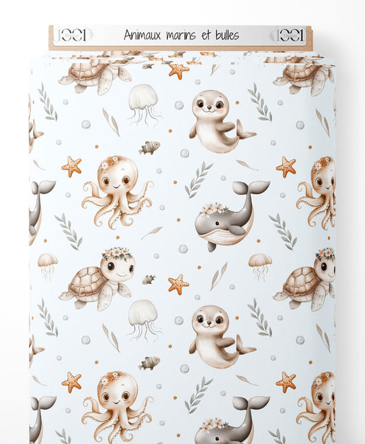Tissu - Animaux marins et bulles