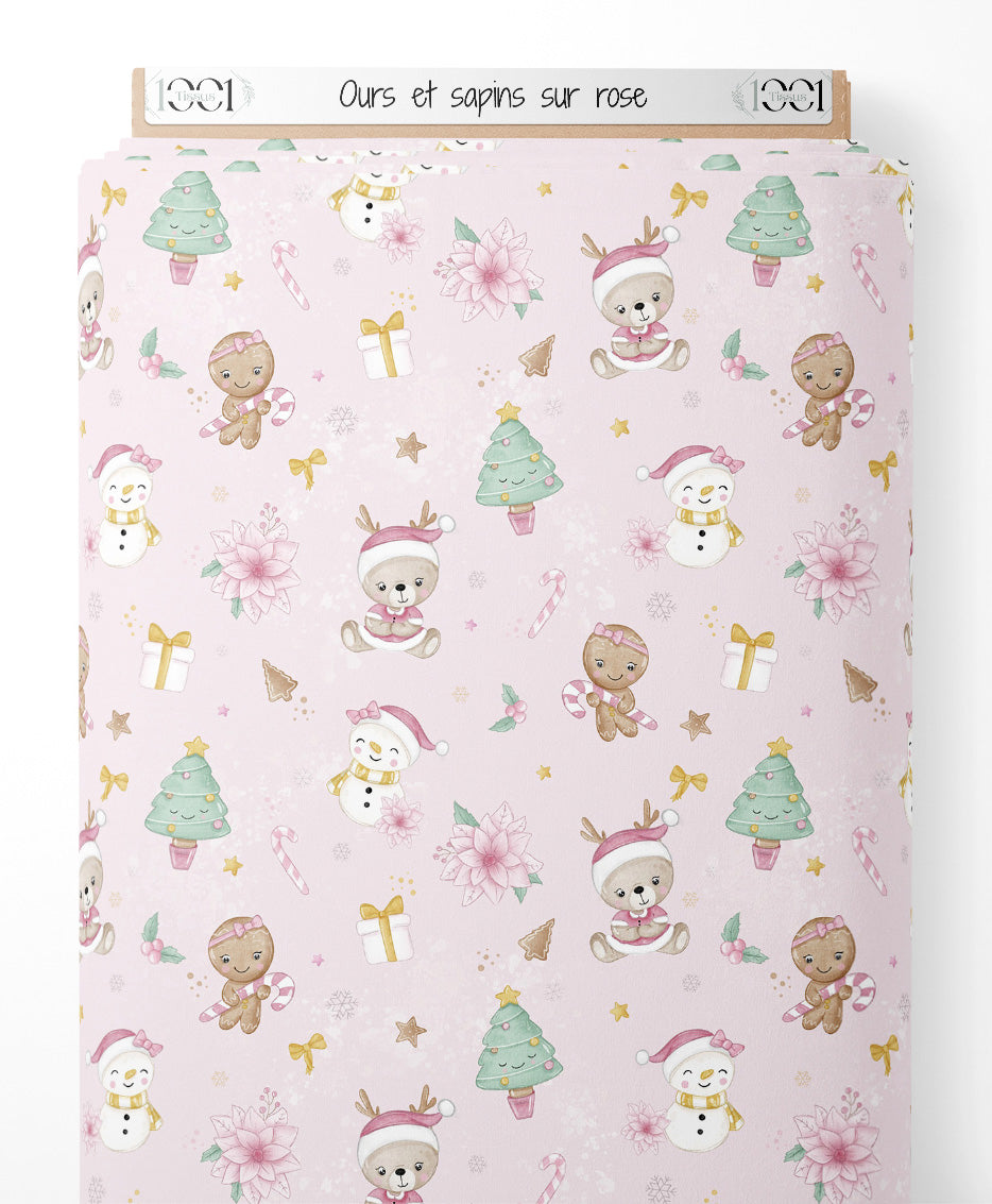Tissu - Ours et sapins sur rose