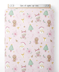 Tissu - Ours et sapins sur rose