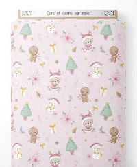 Tissu - Ours et sapins sur rose