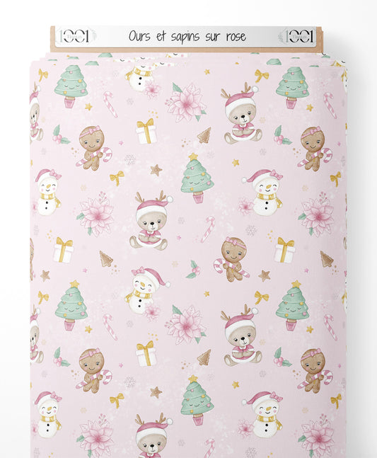 Tissu - Ours et sapins sur rose