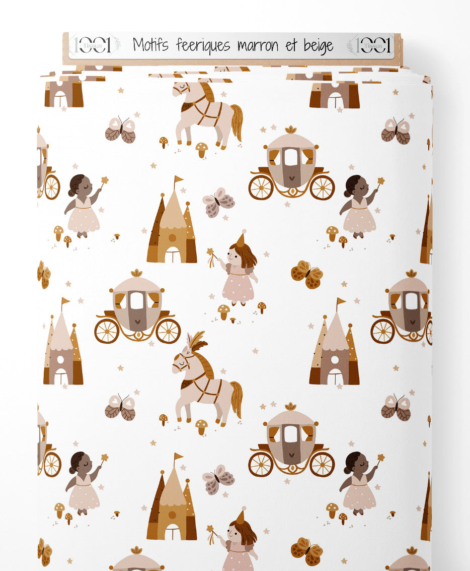 Tissu - Motifs féeriques marron et beige