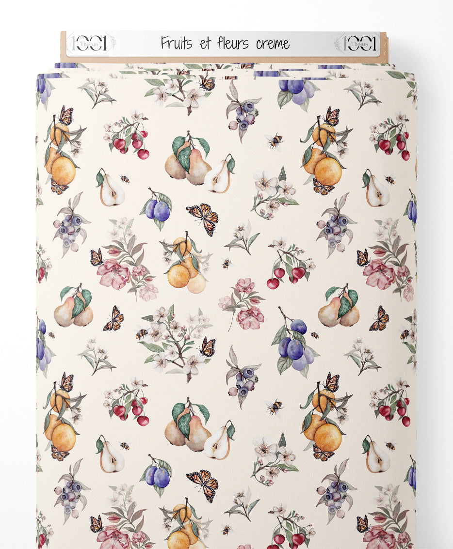 Tissu - Fruits et fleurs crème
