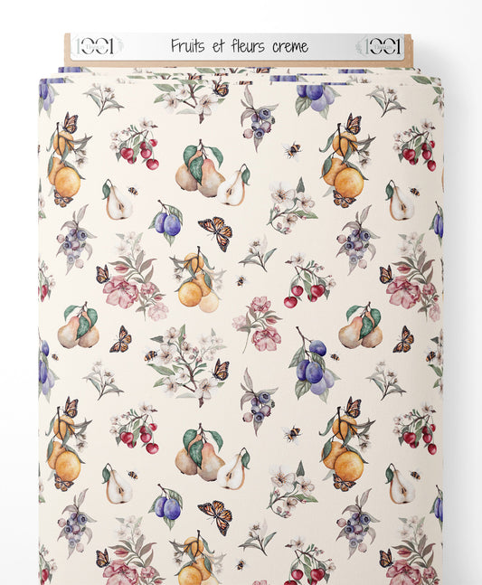 Tissu - Fruits et fleurs crème