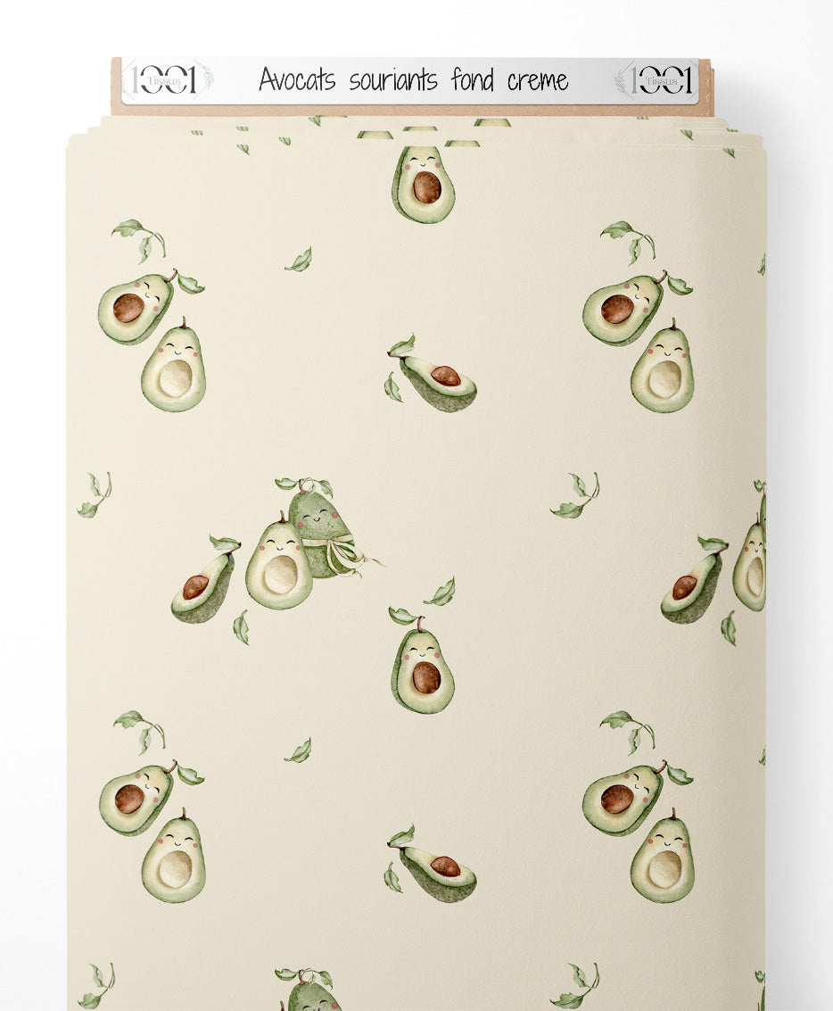 Tissu - Avocats souriants sur fond crème