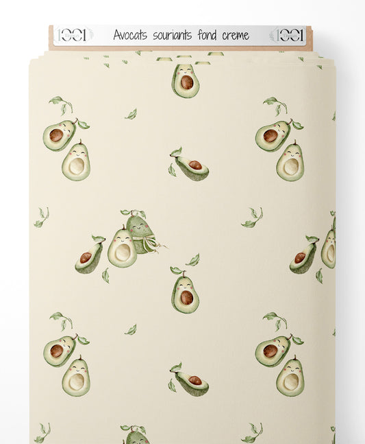 Tissu - Avocats souriants sur fond crème