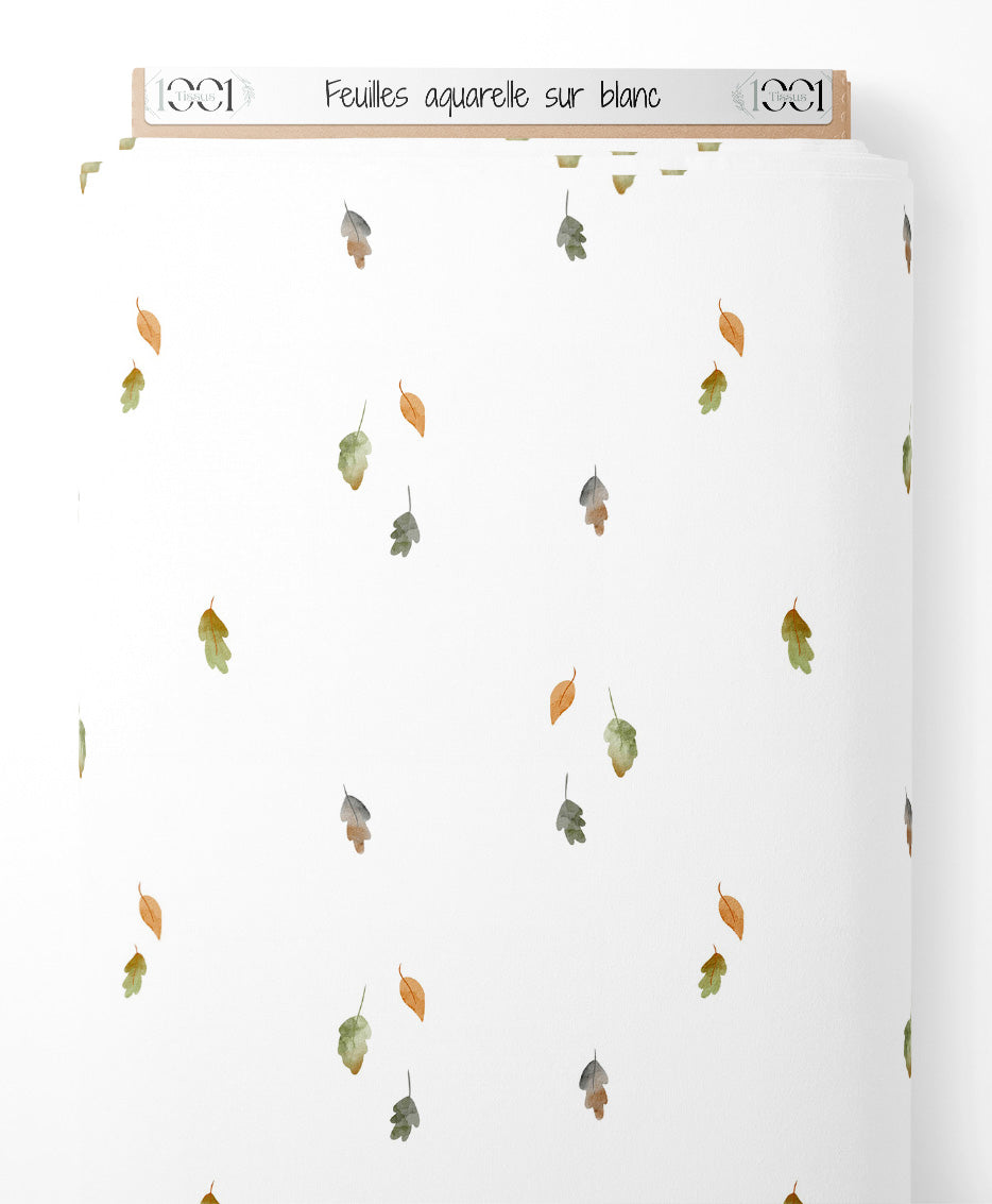 Tissu - Feuilles aquarelle sur blanc