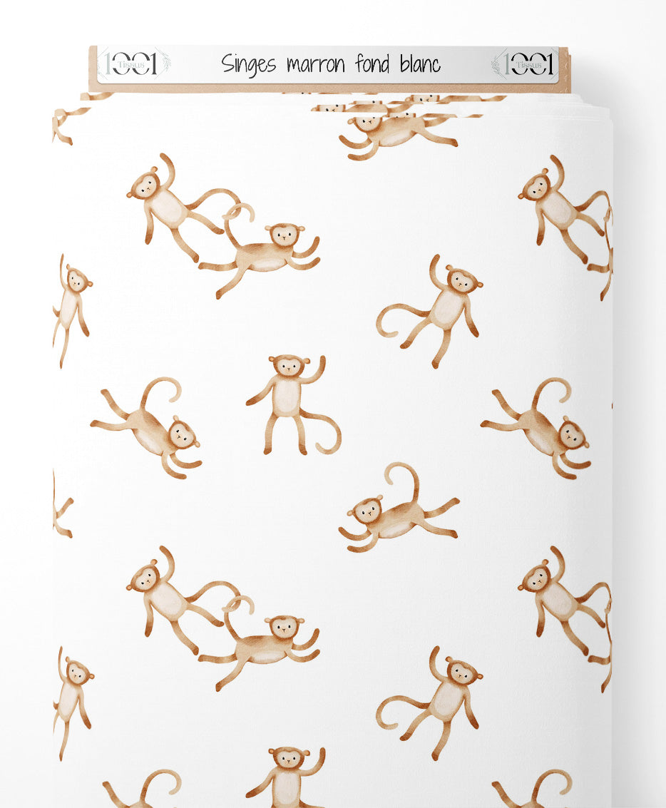 Tissu - Singes marron sur fond blanc