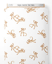 Tissu - Singes marron sur fond blanc