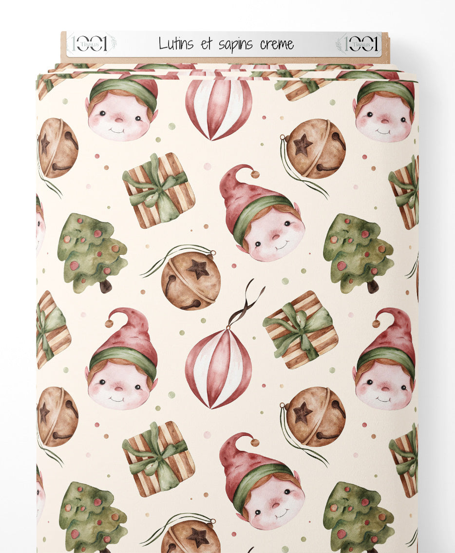 Tissu - Lutins et sapins crème