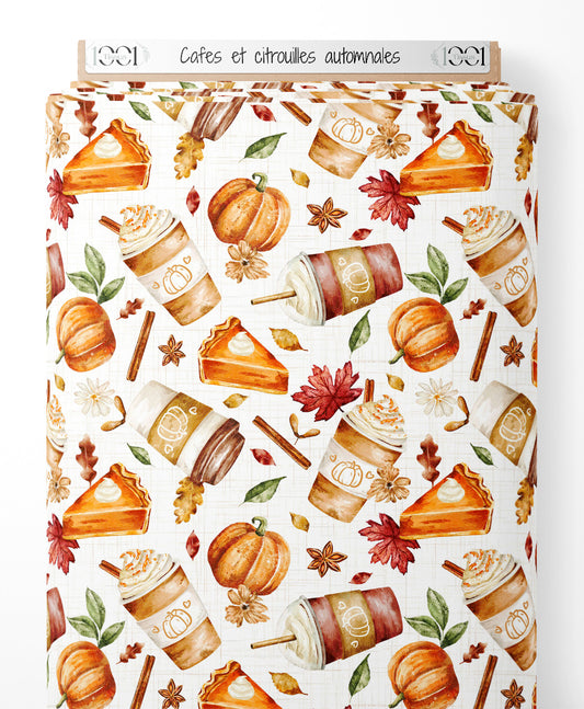 Tissu - Cafés et citrouilles automnales