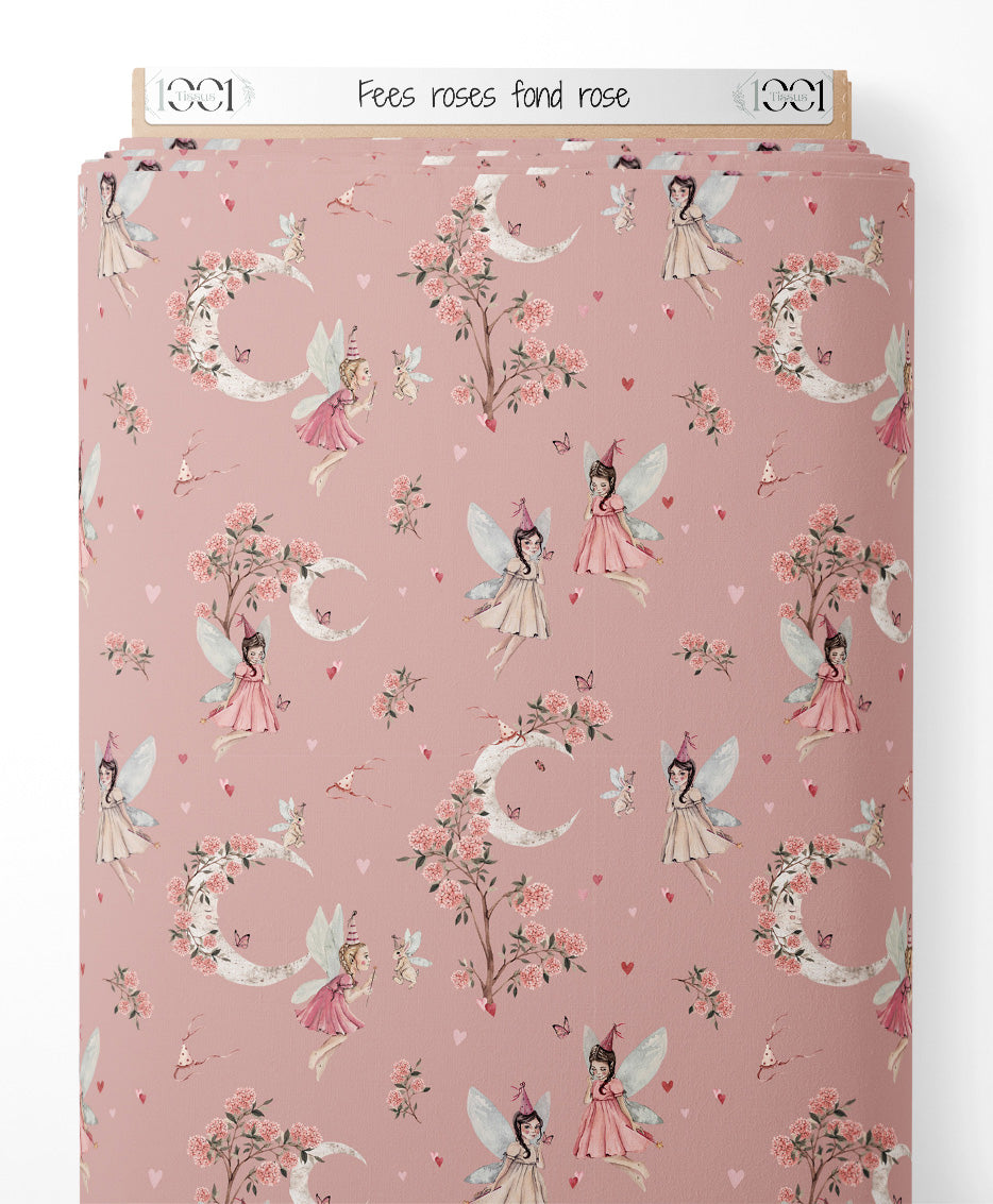 Tissu - Fées roses sur fond rose
