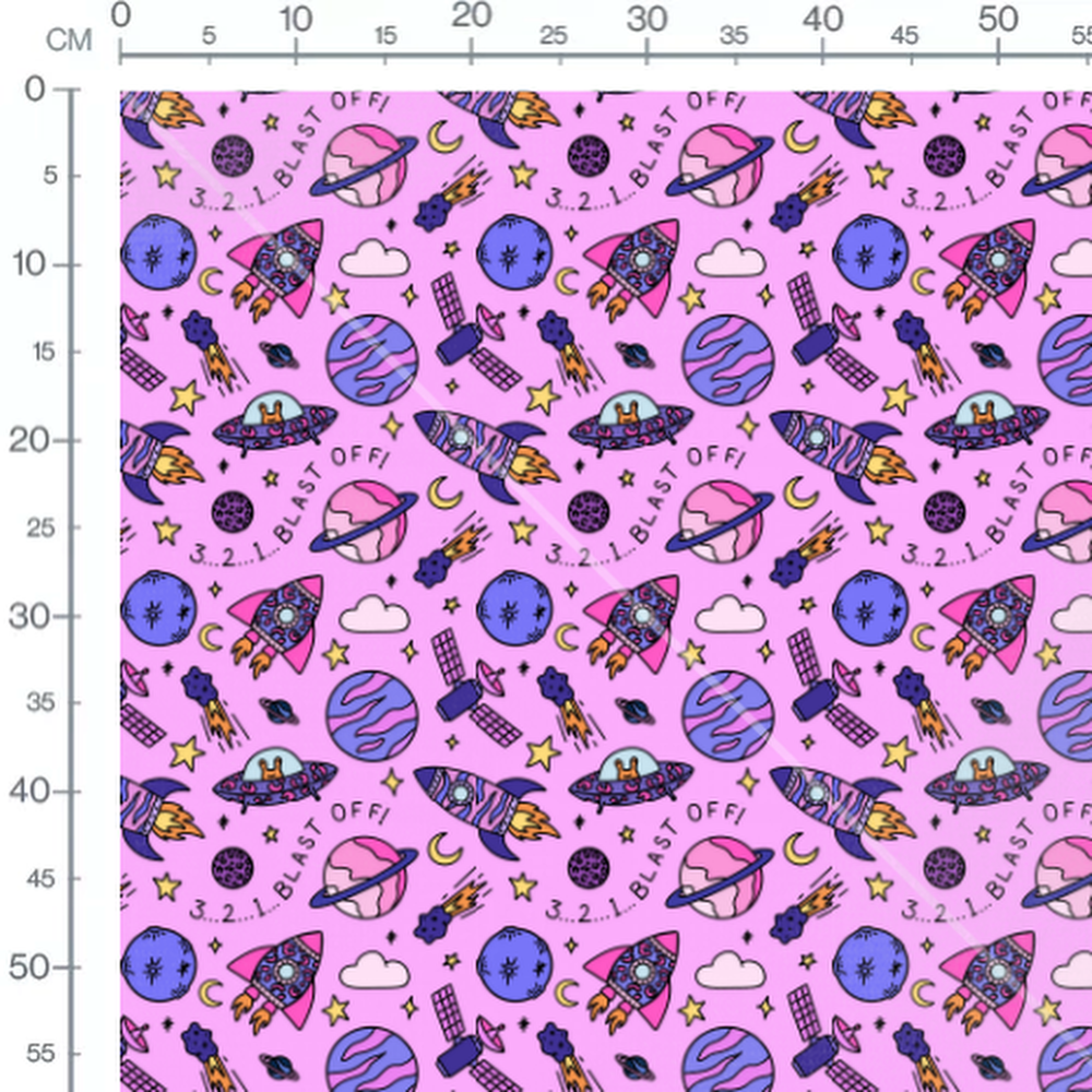Tissu - Fusées et planètes roses