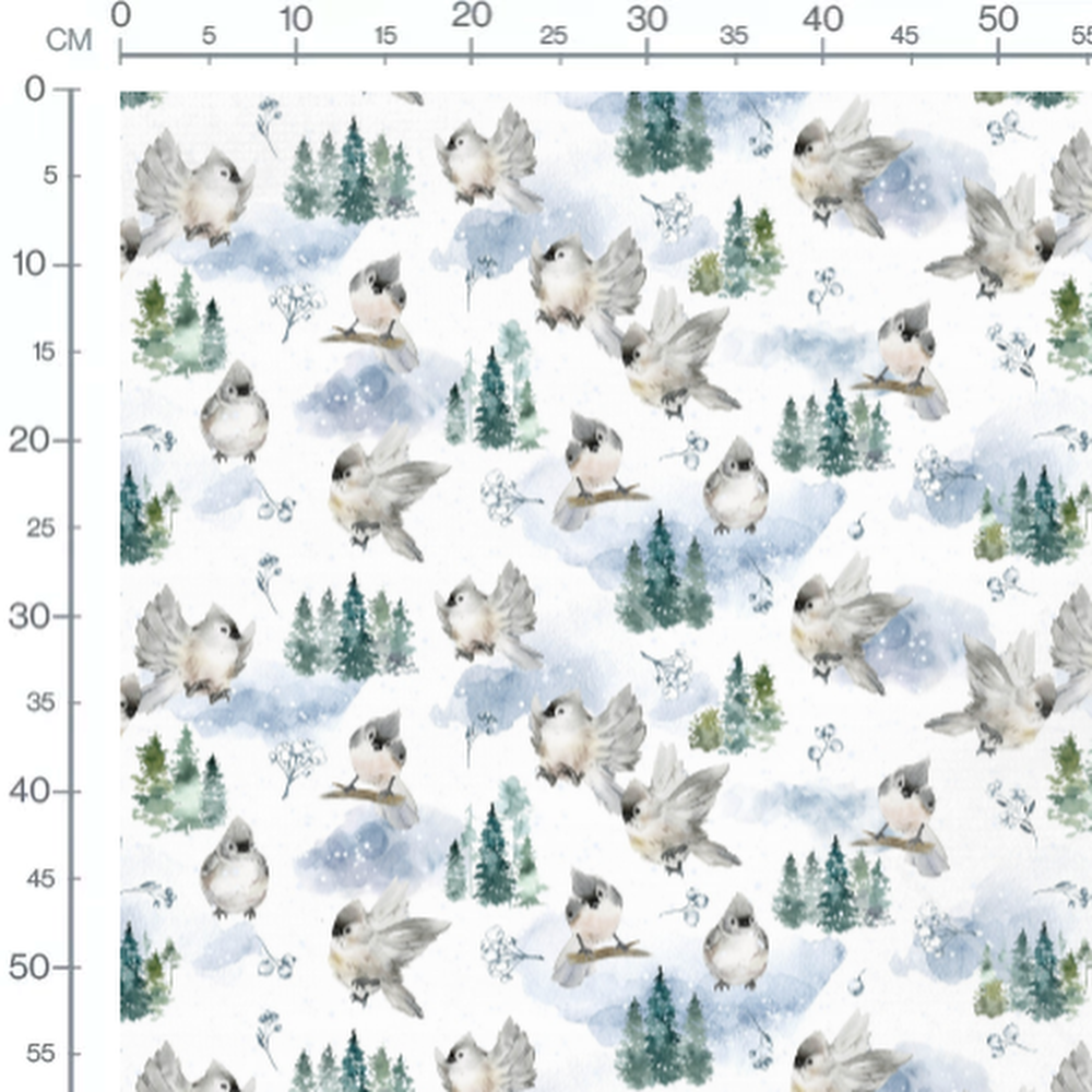 Tissu - Oiseaux et sapins aquarelle