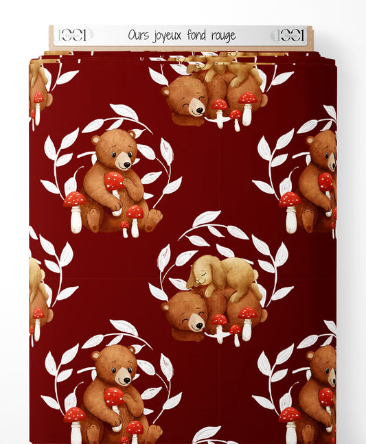 Tissu - Ours joyeux sur fond rouge